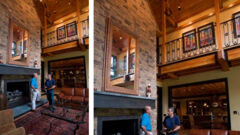 2 side by side images of a large living room with 2 men standing in it. 
